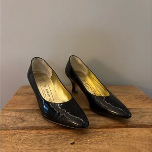 Bruno Magli Black Patent Pointed Toe Pumps with Gold Interior